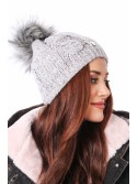 Palarie de iarna cu pompon, gri deschis cu roz C39 - Magazin online - Boutique